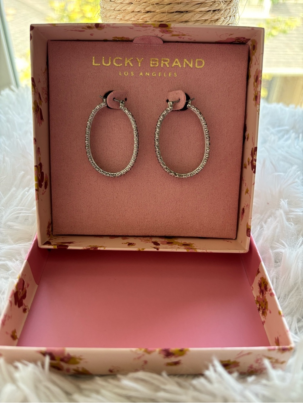 Lucky Brand Silver Crystal Hoop Earrings in Pink Box